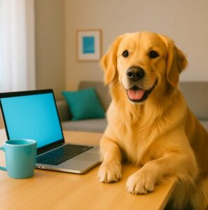 Home Page 1 Golden retriever sits beside a laptop computer.