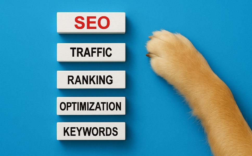 Expert SEO for Pet Businesses 1 Dog paw pointing to blocks that spell SEO, traffic, ranking, optimization and keywords.